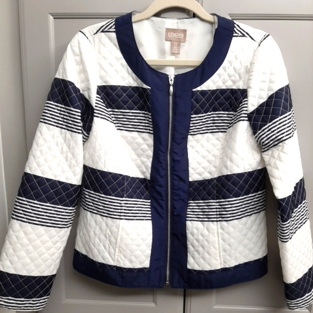 Chicos Jacket Size 0 Small Stripe White/Navy